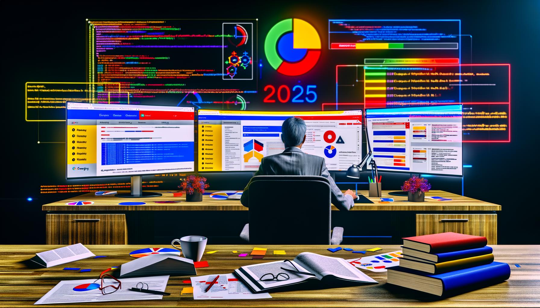 Fokussierter SEO-Profi an modernem Arbeitsplatz mit SEMrush Site Audit Dashboards, Heatmaps, technischen SEO-Berichten, Büchern und Notizen zur technischen Optimierung, Google-Logo und Wecker für 2025 im Hintergrund.