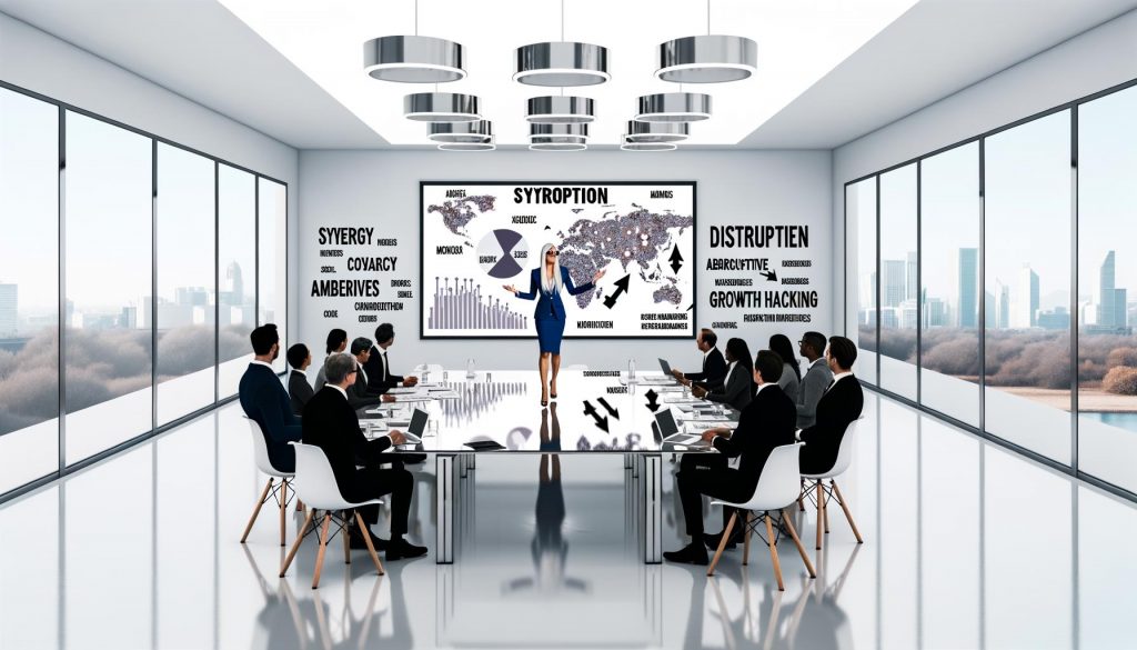 Moderner Vorstandssaal mit Executive am Tisch, verwirrende PowerPoint-Präsentation, Manager am Smartphone, motivierende Poster an den Wänden.