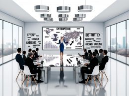 Moderner Vorstandssaal mit Executive am Tisch, verwirrende PowerPoint-Präsentation, Manager am Smartphone, motivierende Poster an den Wänden.