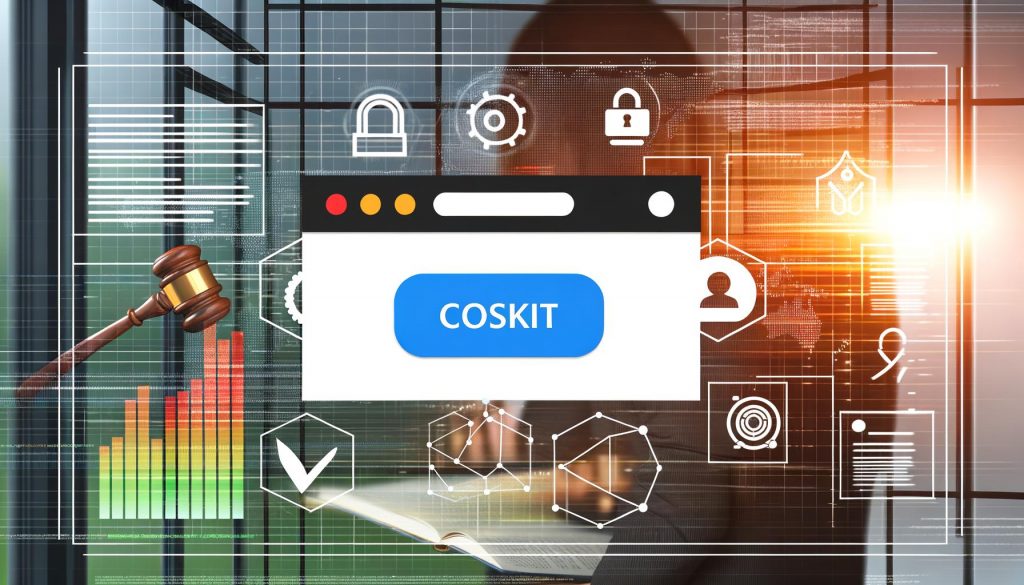 Stilvolle Illustration einer Website mit hervorgehobenem Cookie-Consent-Popup, rechtlichen Symbolen, Analysecharts und Compliance-Hinweisen.