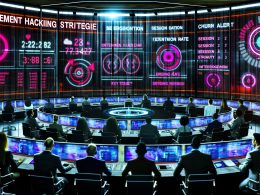 Futuristisches Kontrollzentrum mit digitalen Profis, die holografische Dashboards zu Engagement-Kennzahlen und Nutzeraktivität überwachen. Überschrift: Engagement Hacking Strategie.