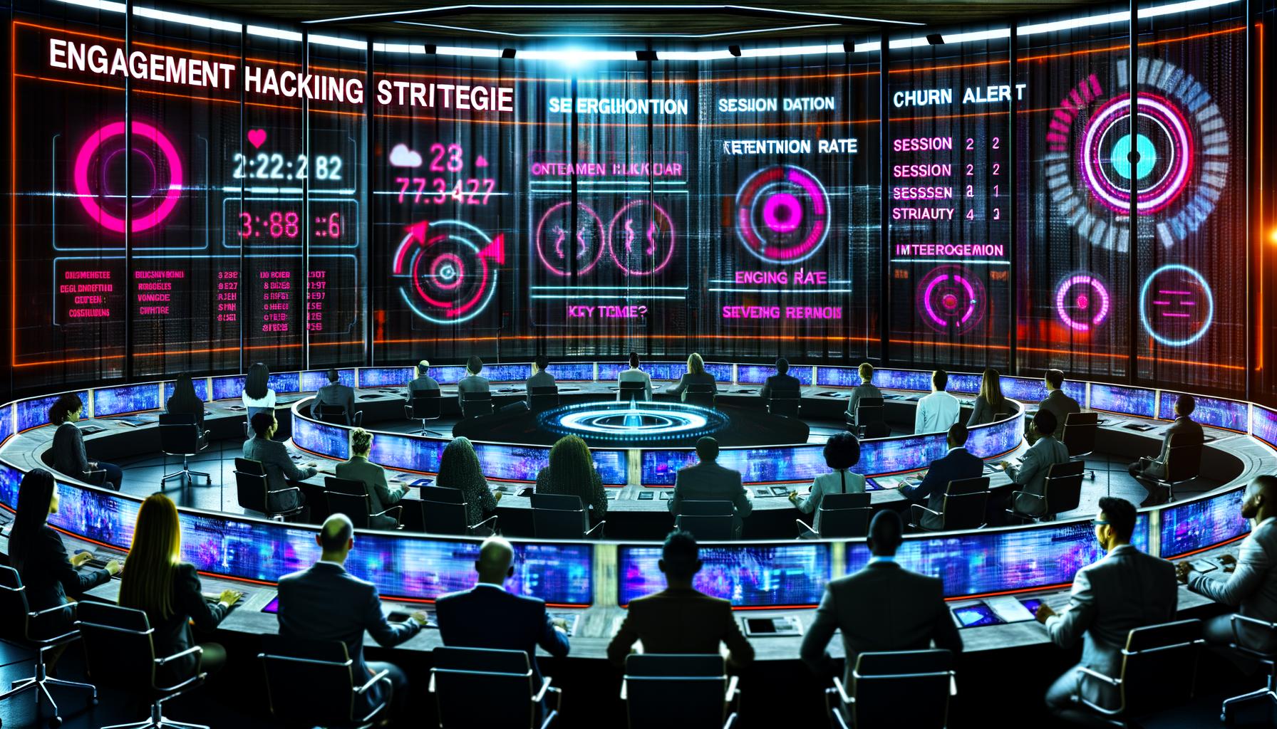 Futuristisches Kontrollzentrum mit digitalen Profis, die holografische Dashboards zu Engagement-Kennzahlen und Nutzeraktivität überwachen. Überschrift: Engagement Hacking Strategie.