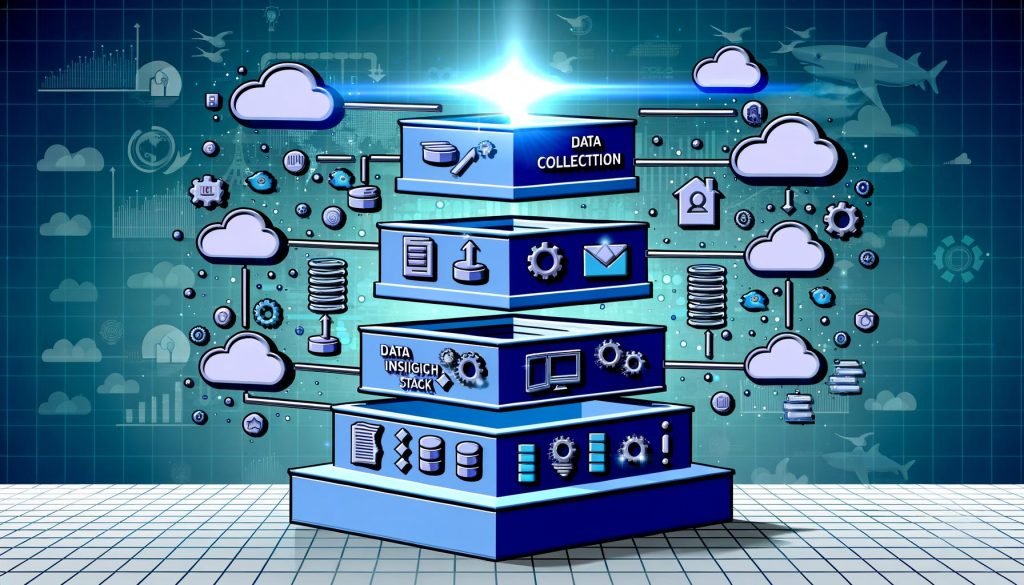 Modernes Titelbild im Flat-Design zeigt einen mehrstufigen Technologie-Stack mit Symbolen für Datenerfassung, Datenaggregation, ETL, Datenbanken, BI und Automatisierung sowie stilisierte Haie am Bildrand.