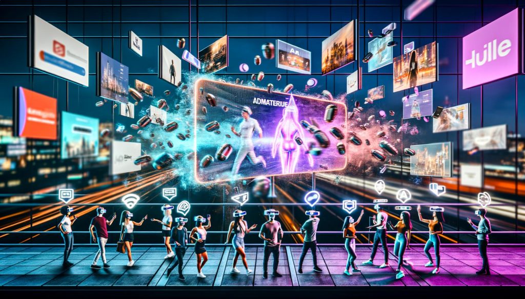 Szene eines digitalen Metaverse-Marktplatzes mit verschiedenen Personen, die VR-Headsets, AR-Brillen und Smartphones nutzen, umgeben von schwebenden 3D-Werbeanzeigen und virtuellen Produkten. Im Vordergrund ersetzt ein 3D-Ad-Frame einen zerfallenden alten Banner.