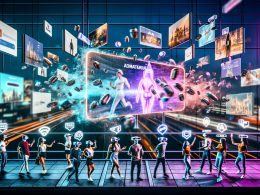 Szene eines digitalen Metaverse-Marktplatzes mit verschiedenen Personen, die VR-Headsets, AR-Brillen und Smartphones nutzen, umgeben von schwebenden 3D-Werbeanzeigen und virtuellen Produkten. Im Vordergrund ersetzt ein 3D-Ad-Frame einen zerfallenden alten Banner.