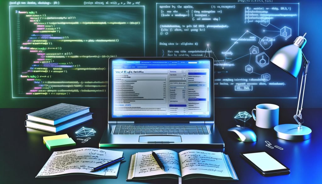 Laptop mit Screaming Frog SEO Spider Software zeigt technische SEO-Auswertungen, Berichte, Highlight-Fehler und SEO-Notizen in einem professionellen, technisch gestalteten Arbeitsraum.