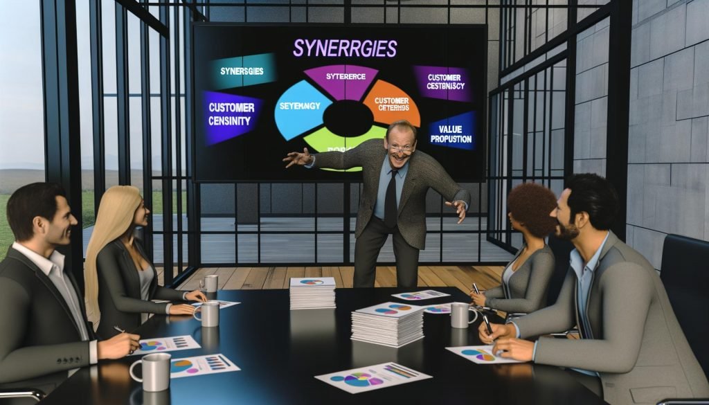 Fünfköpfiges Team bei einem Meeting im modernen Großraumbüro, Mann präsentiert vor Bildschirm mit bunten Business-Begriffen, während Kolleg:innen skeptisch wirken.