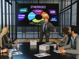 Fünfköpfiges Team bei einem Meeting im modernen Großraumbüro, Mann präsentiert vor Bildschirm mit bunten Business-Begriffen, während Kolleg:innen skeptisch wirken.