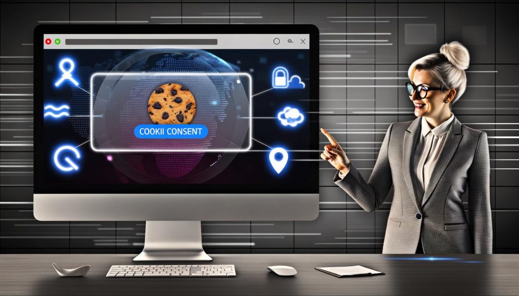 Geschäftsperson zeigt auf ein elegantes Cookie-Consent-Banner auf einem Desktop-Computer, umgeben von Symbolen für verschiedene Tracking-Technologien und subtilen Hinweisen auf deutsche und europäische Datenschutzgesetze.