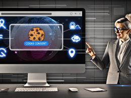 Geschäftsperson zeigt auf ein elegantes Cookie-Consent-Banner auf einem Desktop-Computer, umgeben von Symbolen für verschiedene Tracking-Technologien und subtilen Hinweisen auf deutsche und europäische Datenschutzgesetze.