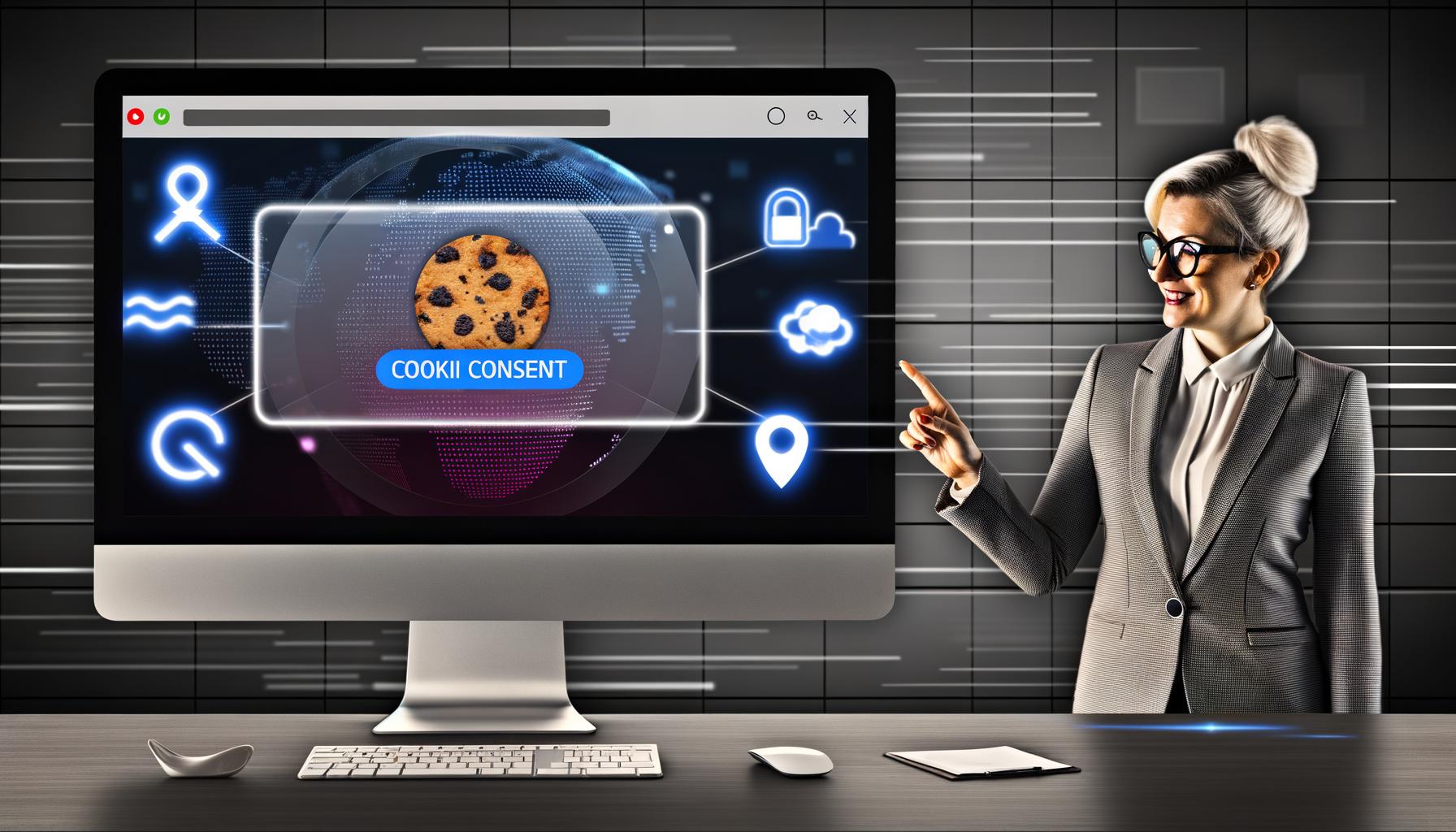 Geschäftsperson zeigt auf ein elegantes Cookie-Consent-Banner auf einem Desktop-Computer, umgeben von Symbolen für verschiedene Tracking-Technologien und subtilen Hinweisen auf deutsche und europäische Datenschutzgesetze.