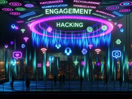 Marketer an leuchtenden Schaltpulten in einer düsteren Cyberpunk-Stadt mit Datenströmen, Badges, Fortschrittsbalken und wogenden digitalen Algorithmen im Hintergrund.