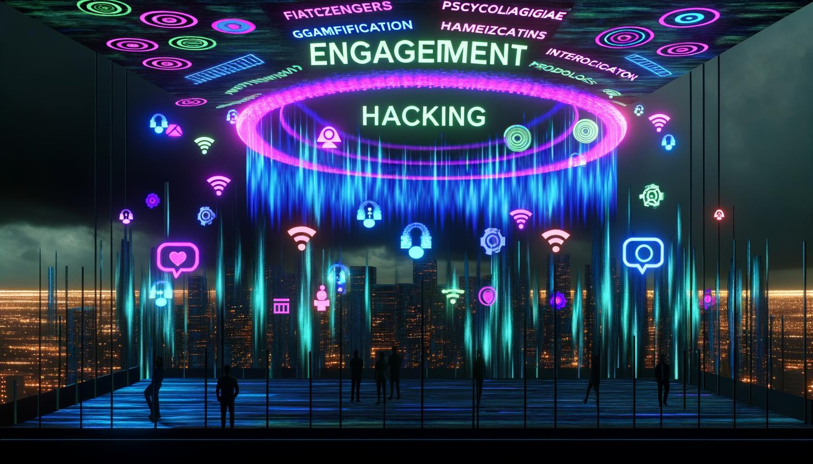 Marketer an leuchtenden Schaltpulten in einer düsteren Cyberpunk-Stadt mit Datenströmen, Badges, Fortschrittsbalken und wogenden digitalen Algorithmen im Hintergrund.