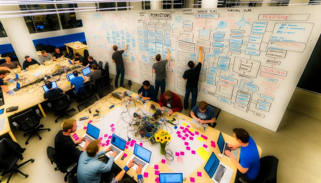 Technikaffines Team im Startup-Office arbeitet konzentriert an Directus-Architekturdiagrammen, Whiteboards voller Datenbankmodelle und API-Strategien sowie digitalen Tools und Monitoren.