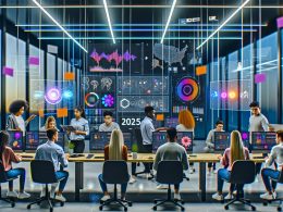 Modernes, diverses Marketingteam analysiert interaktive Dashboards und Datenvisualisierungen an einem stylischen Arbeitsplatz mit digitalem Whiteboard und Customer Journey.