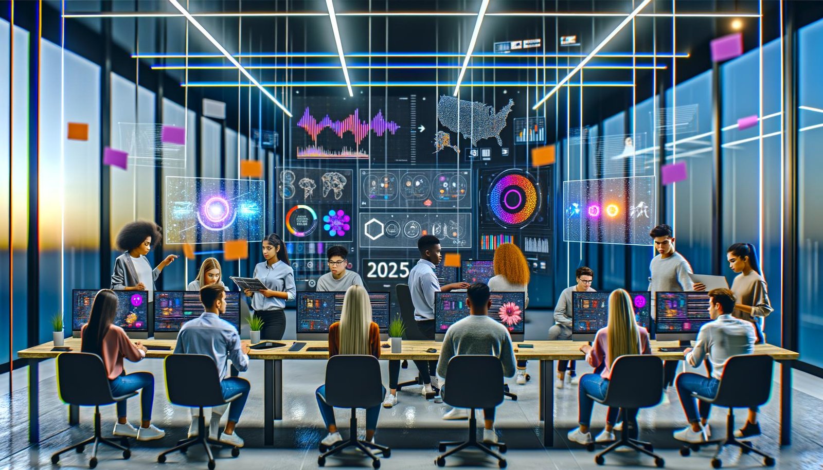 Modernes, diverses Marketingteam analysiert interaktive Dashboards und Datenvisualisierungen an einem stylischen Arbeitsplatz mit digitalem Whiteboard und Customer Journey.