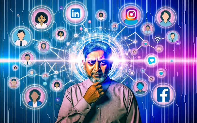 Digitale Illustration: Mittlere Person navigiert selbstbewusst zwischen Social Media Plattformen mit Icons von LinkedIn, Facebook, Instagram und TikTok sowie Vernetzungen und Content-Elementen.
