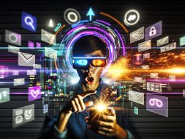 Junger urbaner Nutzer mit Smartphone und AR-Brille vor digitalen Stadtlandschaften und holografischen 3D-Displays