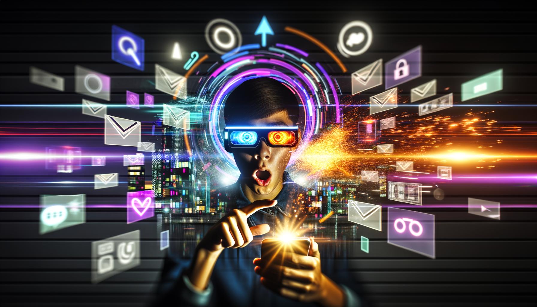 Junger urbaner Nutzer mit Smartphone und AR-Brille vor digitalen Stadtlandschaften und holografischen 3D-Displays