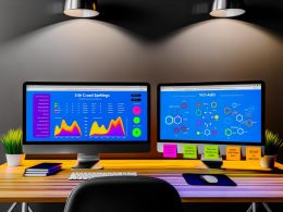 Moderner Arbeitsplatz mit zwei Bildschirmen, die ein SEO-Crawl-Dashboard von Ryte inklusive technischer Einstellungen, farbigen Analyse-Grafiken, und Site-Architektur-Charts zeigen, dazu Notizzettel und professionelle Checklisten auf dem Tisch.