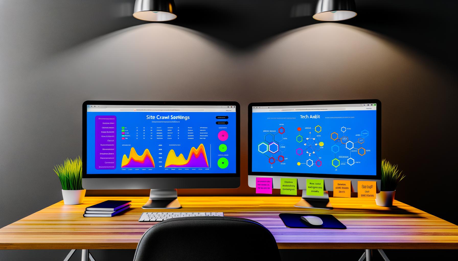 Moderner Arbeitsplatz mit zwei Bildschirmen, die ein SEO-Crawl-Dashboard von Ryte inklusive technischer Einstellungen, farbigen Analyse-Grafiken, und Site-Architektur-Charts zeigen, dazu Notizzettel und professionelle Checklisten auf dem Tisch.