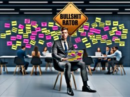 Selbstbewusste Person im Anzug ohne Krawatte sitzt im modernen Großraumbüro, hält ein Warnschild mit der Aufschrift 'Bullshit Radar' und blickt kritisch auf eine Gruppe mit bunten Präsentationen; durchgestrichene Buzzwords auf Laptop-Post-its.