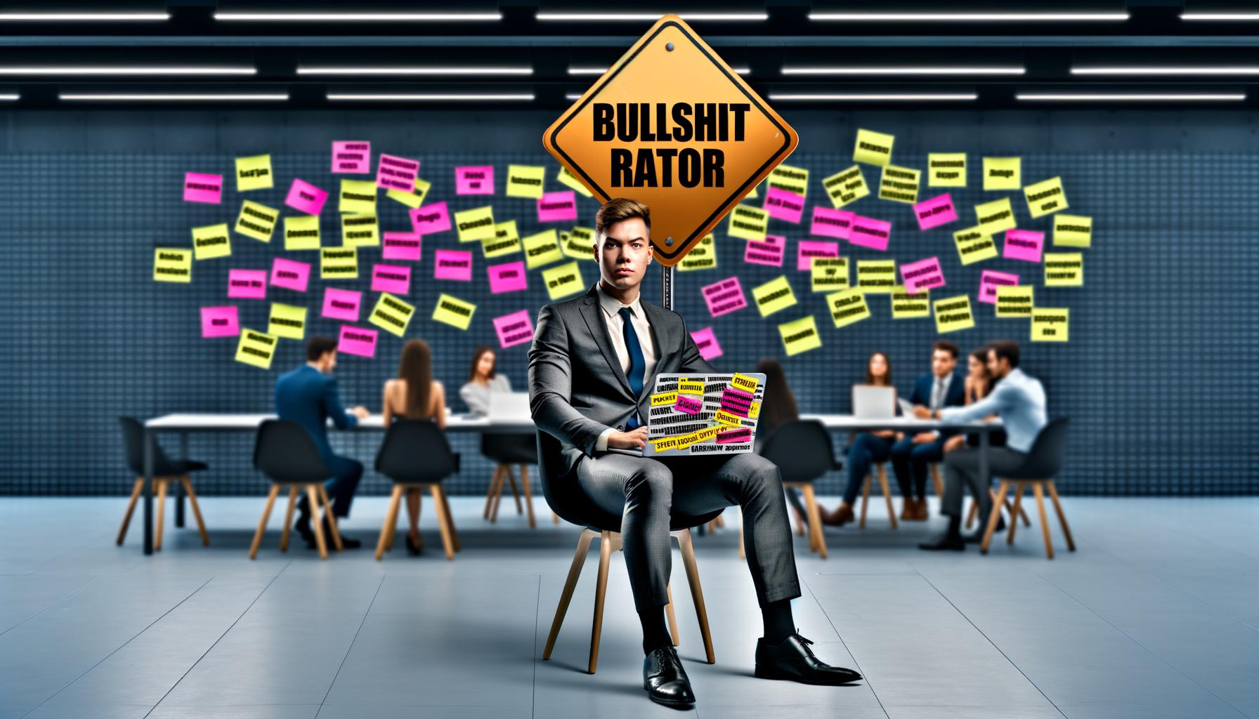 Selbstbewusste Person im Anzug ohne Krawatte sitzt im modernen Großraumbüro, hält ein Warnschild mit der Aufschrift 'Bullshit Radar' und blickt kritisch auf eine Gruppe mit bunten Präsentationen; durchgestrichene Buzzwords auf Laptop-Post-its.