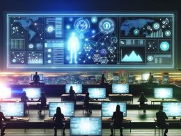 Junges Marketing-Team arbeitet nachts vor zahlreichen Bildschirmen und Dashboards auf einer digitalen Kommandobrücke mit Social-Media-Logos und Tech-Gadgets.