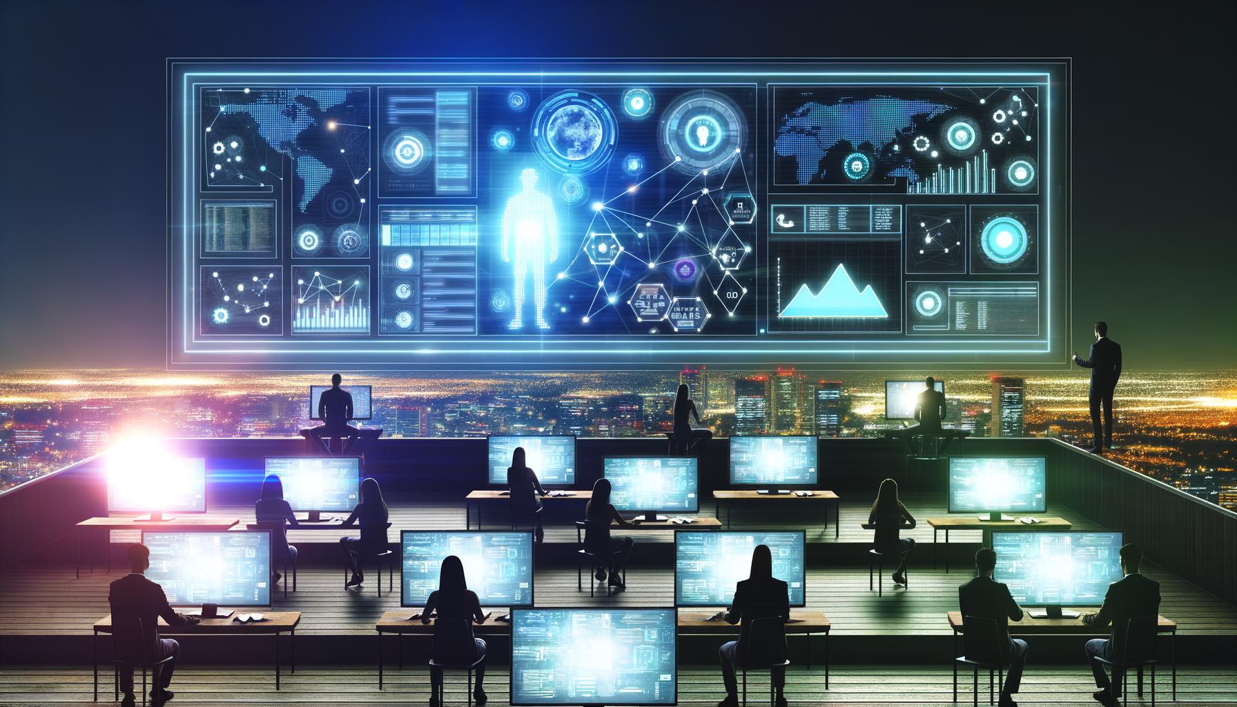 Junges Marketing-Team arbeitet nachts vor zahlreichen Bildschirmen und Dashboards auf einer digitalen Kommandobrücke mit Social-Media-Logos und Tech-Gadgets.