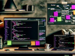 Moderner Arbeitsplatz eines Entwicklers mit mehreren Monitoren, Directus Dashboard im Dunkelmodus, Code-Editor mit Docker Compose und YAML-Dateien, Terminal, Notizzetteln zu API, Sicherheit und DB-Modell sowie Whiteboard mit Datenbankskizze.