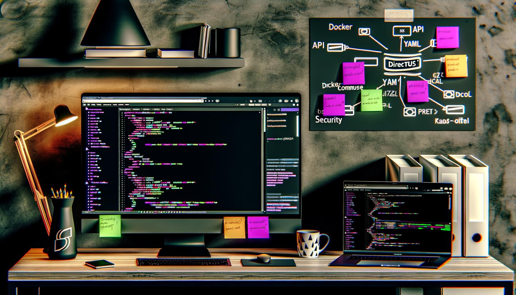Moderner Arbeitsplatz eines Entwicklers mit mehreren Monitoren, Directus Dashboard im Dunkelmodus, Code-Editor mit Docker Compose und YAML-Dateien, Terminal, Notizzetteln zu API, Sicherheit und DB-Modell sowie Whiteboard mit Datenbankskizze.