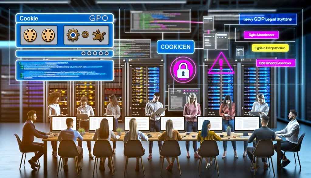 Modernes Online-Marketing-Team vor Monitoren mit Cookie-Consent-Banner, Tag-Management-Diagrammen und DSGVO-Informationen, im Vordergrund ein detailliertes Consent-Banner, im Hintergrund Server und Analytics-Dashboards.