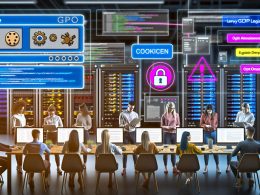 Modernes Online-Marketing-Team vor Monitoren mit Cookie-Consent-Banner, Tag-Management-Diagrammen und DSGVO-Informationen, im Vordergrund ein detailliertes Consent-Banner, im Hintergrund Server und Analytics-Dashboards.