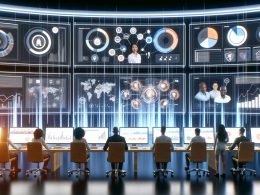 Modernes Kontrollzentrum mit Marketing- und Datenexperten vor interaktiven, holografischen Dashboards voller Datenströme und Analysen.