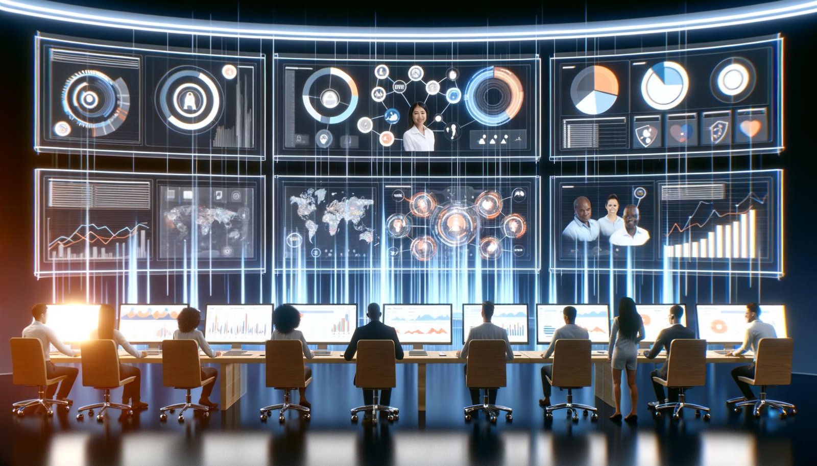 Modernes Kontrollzentrum mit Marketing- und Datenexperten vor interaktiven, holografischen Dashboards voller Datenströme und Analysen.