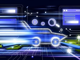 Moderne Illustration einer Website als High-Tech-Rennwagen mit SEO-gesteuerten Symbolen, Datenströmen und Crawler-Linien auf abstraktem digitalen Parcours.