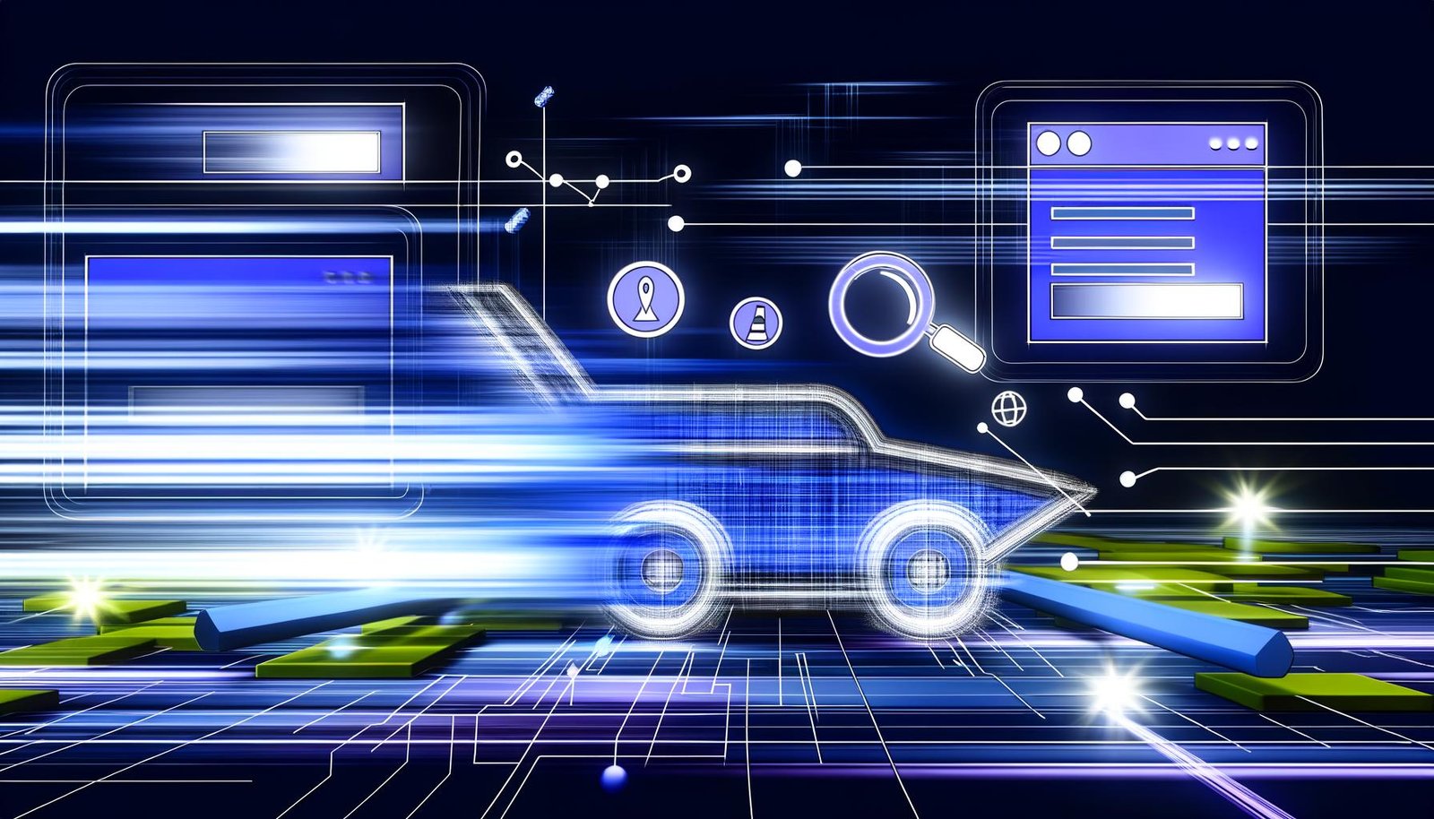 Moderne Illustration einer Website als High-Tech-Rennwagen mit SEO-gesteuerten Symbolen, Datenströmen und Crawler-Linien auf abstraktem digitalen Parcours.