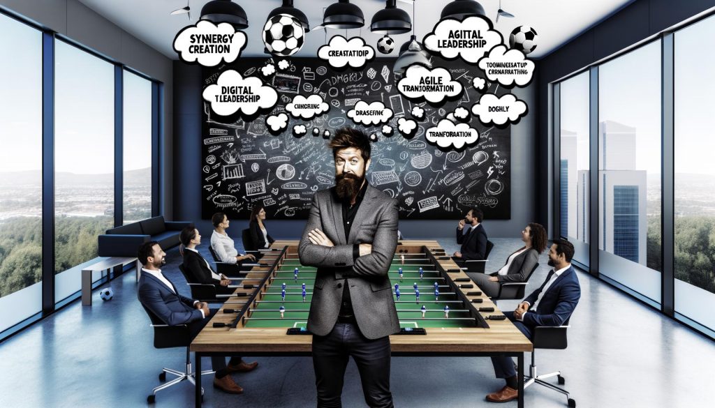 Business-Meeting in jungem Start-up-Stil, Mann mit Bart im Mittelpunkt, moderne Atmosphäre mit Kicker-Tisch, Whiteboard, Buzzwords und skeptischen Teilnehmern.