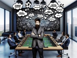 Business-Meeting in jungem Start-up-Stil, Mann mit Bart im Mittelpunkt, moderne Atmosphäre mit Kicker-Tisch, Whiteboard, Buzzwords und skeptischen Teilnehmern.