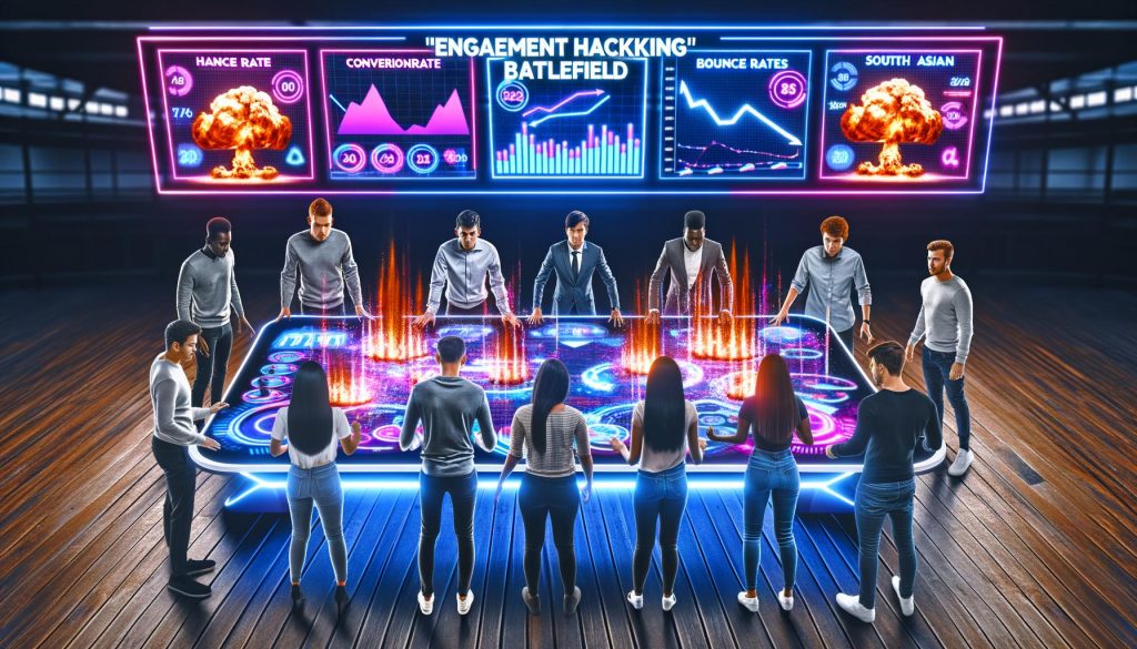 Junge diverse Marketing-Profis versammeln sich energiegeladen um einen interaktiven digitalen Tisch mit Neon-Charts, KPIs und Heatmaps; im Hintergrund visualisierte Konversions- und Bounce-Rate-Trends.