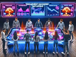 Junge diverse Marketing-Profis versammeln sich energiegeladen um einen interaktiven digitalen Tisch mit Neon-Charts, KPIs und Heatmaps; im Hintergrund visualisierte Konversions- und Bounce-Rate-Trends.