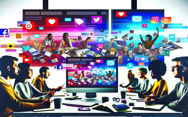 Moderatorischer Schreibtisch mit diversen Menschen im Austausch, mehreren Monitoren mit Social-Media-Plattformen, bunten Diagrammen und Newsfeed im Hintergrund.