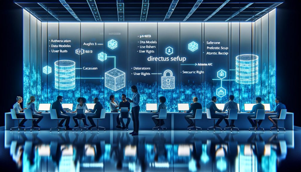IT-Profis arbeiten in einem hochmodernen Serverraum mit blauer und violetter Beleuchtung an einem professionellen Directus-Onboarding mit Sicherheits- und Performance-Visualisierungen.