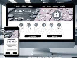 Desktop- und Smartphone-Ansicht einer modernen Website mit elegant gestaltetem Cookie Consent Banner sowie Symbolen zu Datenschutz und digitalen Marketing-Tools.
