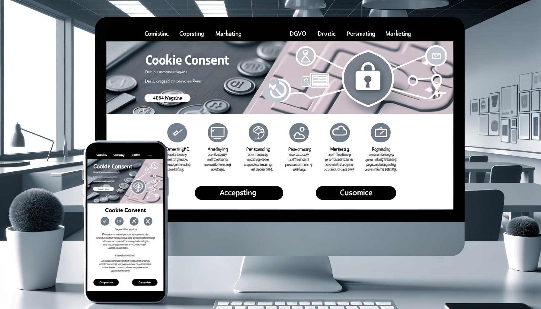 Desktop- und Smartphone-Ansicht einer modernen Website mit elegant gestaltetem Cookie Consent Banner sowie Symbolen zu Datenschutz und digitalen Marketing-Tools.