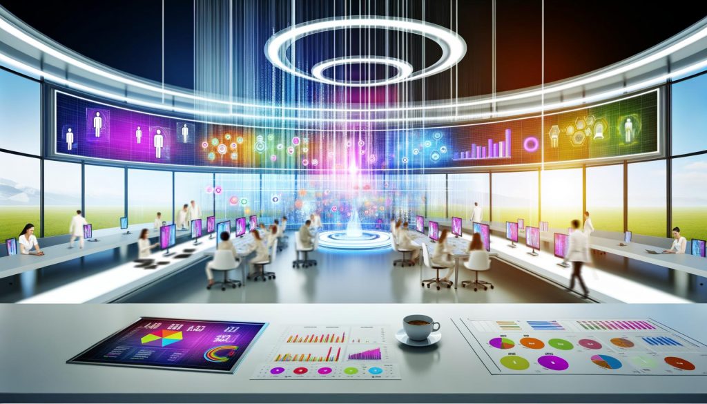 Hightech-Büro mit Marketing- und Data-Spezialist:innen vor holografischem Dashboard mit Datenvisualisierungen, interaktiven Whiteboards und blendend weißen Oberflächen.