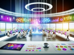 Hightech-Büro mit Marketing- und Data-Spezialist:innen vor holografischem Dashboard mit Datenvisualisierungen, interaktiven Whiteboards und blendend weißen Oberflächen.