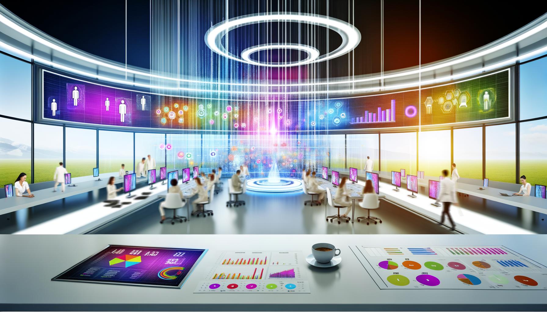 Hightech-Büro mit Marketing- und Data-Spezialist:innen vor holografischem Dashboard mit Datenvisualisierungen, interaktiven Whiteboards und blendend weißen Oberflächen.