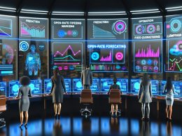 Marketer überwachen in einem futuristischen Kontrollraum mithilfe digitaler Bildschirme und KI-Dashboards Echtzeitdaten zu E-Mail-Open-Rate-Prognosen.