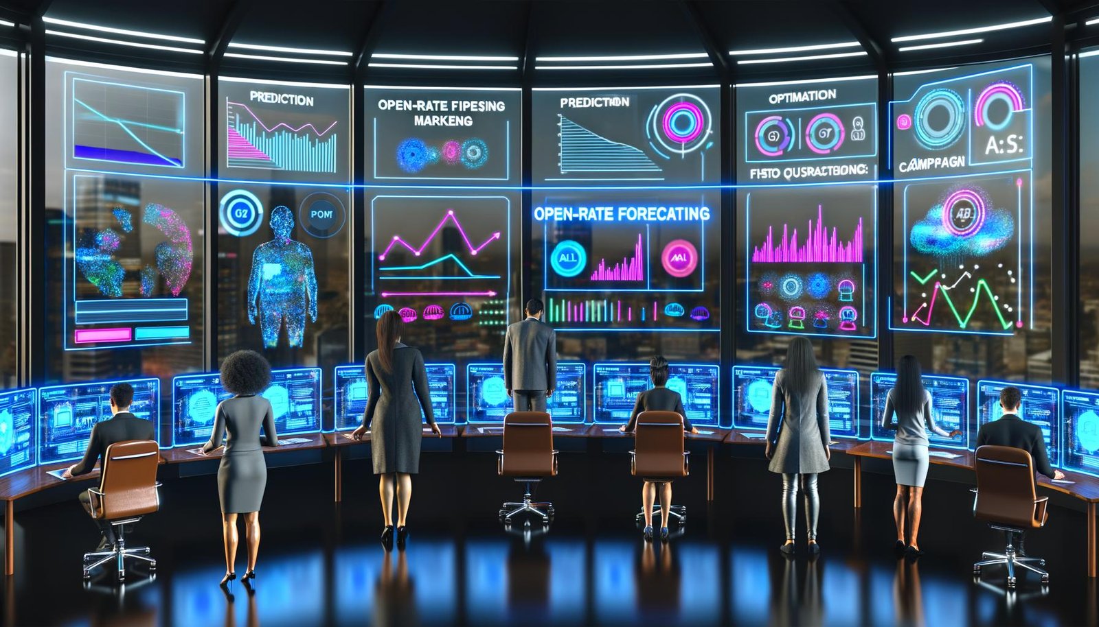 Marketer überwachen in einem futuristischen Kontrollraum mithilfe digitaler Bildschirme und KI-Dashboards Echtzeitdaten zu E-Mail-Open-Rate-Prognosen.